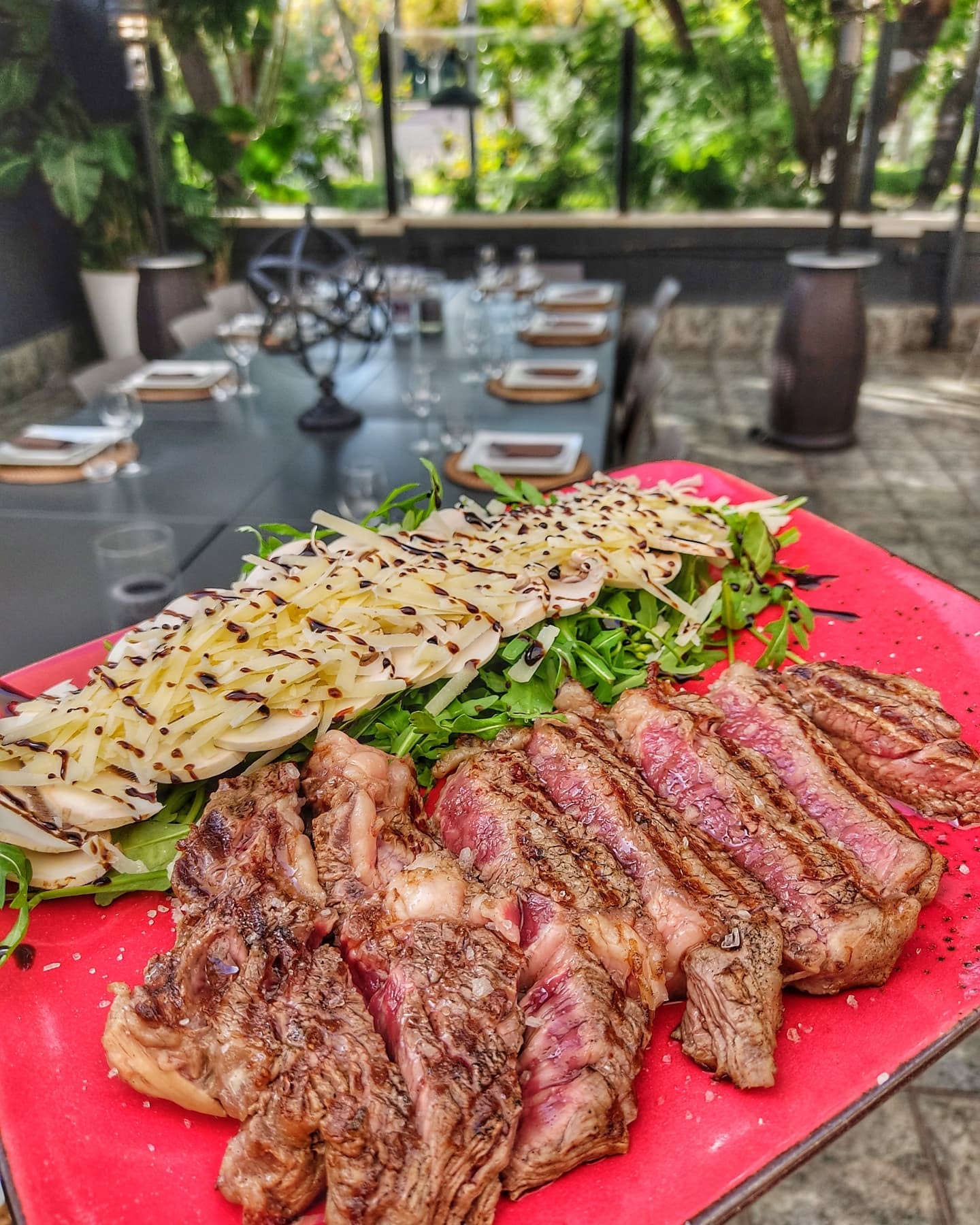 Tagliata di carne alla griglia con rucola e scaglie di formaggio, servita in terrazza